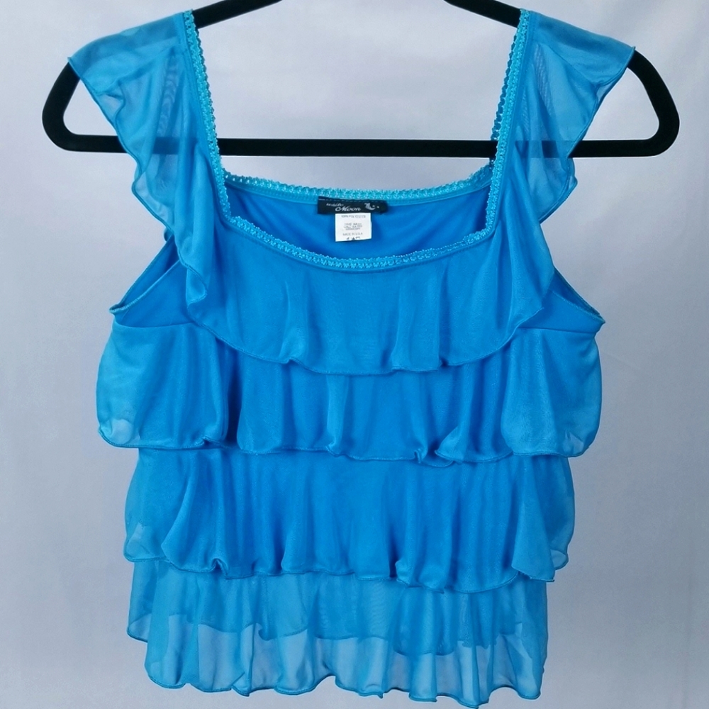 Vintage Y2K White Moon Sky Blue Ruffle Tiered Party Tank Sleeveless Top Medium